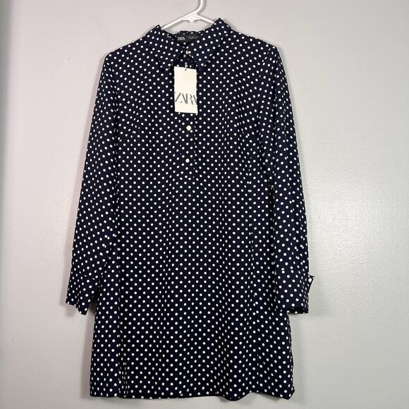 Zara Tops - NWT Zara Womens Blue White Polka Dot Long Sleeve Pullover tunic Sz L Boho Preppy